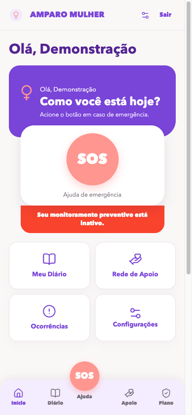 Tela inicial do aplicativo Amparo Mulher